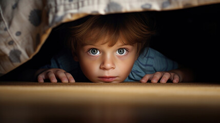Boy hiding under the bed with fear face - obrazy, fototapety, plakaty