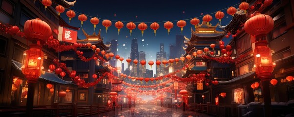 Aigenerated Scene Of Chinese New Year Celebration In Chinatown, Complete With Dragon And Red...