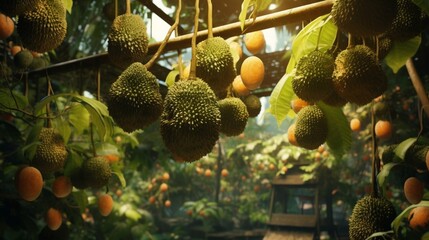 A Durian tree full of hanging fruits in various stages of ripeness, capturing the cycle of growth and harvest. - Powered by Adobe