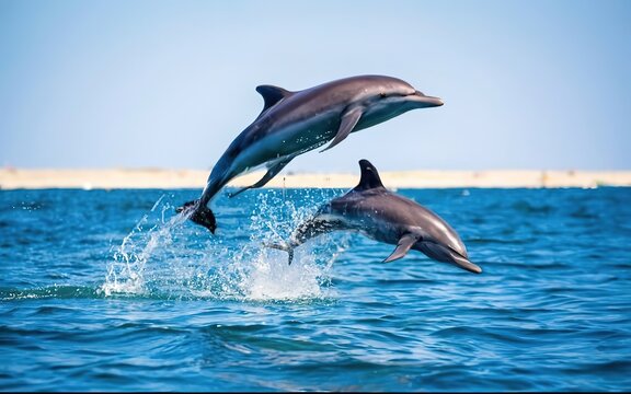 family of playful dolphins leaping out of the crystal clear ocean waters