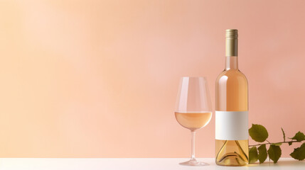 White wine bottle with a glass on a pastel muted background - obrazy, fototapety, plakaty