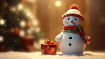 Cute snowman doll with xmas tree and gift box on Christmas blurred background