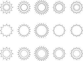 Sun line icon set. Sun outline star icons or logo collection. Summer, sunlight, sunset, sunburst. Vector illustration.