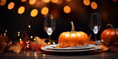 Fototapeta na wymiar Empty place setting with a plate and silverware on a plain background with pumpkins and an autumn theme