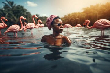 African American woman in water with flamingos. Summer leisure time on tropical sea beach. Generate ai - obrazy, fototapety, plakaty