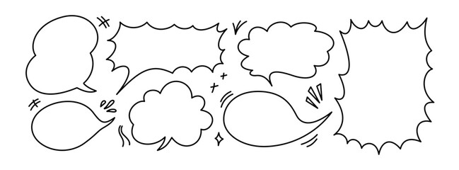 Manga speech bubbles elements. Hand drawn chat boxes. Doodle manga speech balloons. Comic cartoon text bubble frames. Vector illustration isolated on white background. - obrazy, fototapety, plakaty