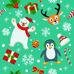 Obraz premium Christmas Seamless Pattern with Cute Polar Bear, Deer, and Penguin