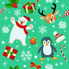 Christmas Seamless Pattern with Cute Polar Bear, Deer, and Penguin