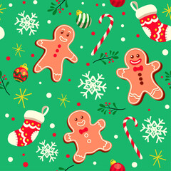 Christmas Seamless Pattern with Gingerbreads and other Symbol