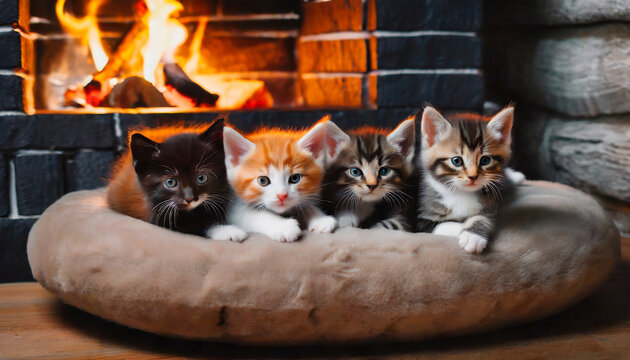 Gatitos beb&eacute; acostados en camita para gato recibiendo el calor de una chimenea