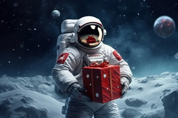 An astronaut holding a Christmas gift box on the moon, . Generative AI.