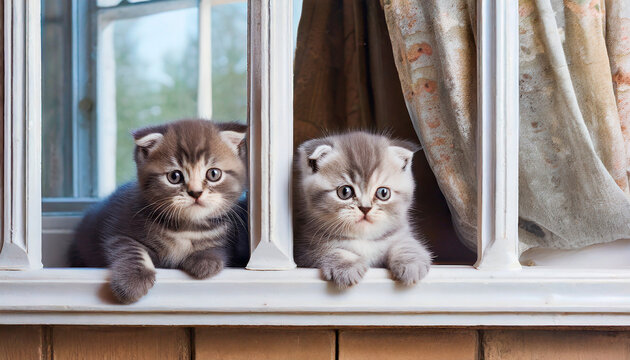 Gatitos scottish fold curiosos en una ventana