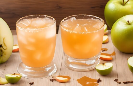 Apple cider margarita with brown sugar and spices, fall cocktail idea on wooden table day light background, leave space for text