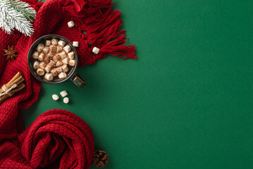 Warm up to winter with a top-view photograph of a sumptuous hot cocoa, marshmallow, spices, red...