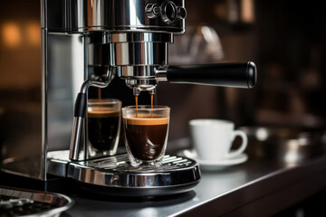 Photo of a coffee machine with two freshly brewed cups of coffee - obrazy, fototapety, plakaty