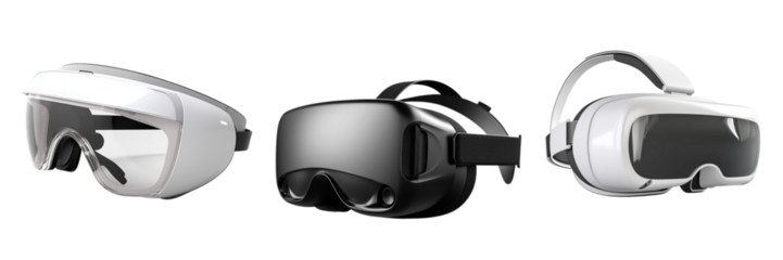 Set of virtual reality headsets isolated on a transparent or white background