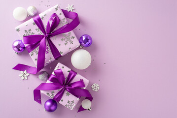 Express your joy through this present-themed image. A top view of elegant lilac gift boxes, celebratory baubles, sparkling sequins, snowflakes set against purple backdrop for your text or advert