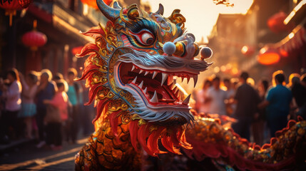 Fototapeta premium chinese new year, street festival, red dragon, life-size puppet, traditions, mythical animal, theater, performance, China, show, carnival, legend, symbol, Christmas, city, scary, eyes, face, teeth