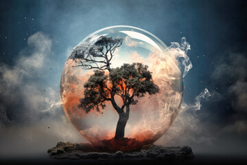 Glass globe in smoke, Environment Social and Governance. World sustainable environment concept. Pollution of the planet. The Green tree is protected.