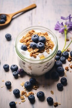 yogurt topped with granola with blueberries and honey