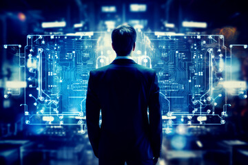 A man in a suit standing in front of a cityscape. Business in a modern big city. Infographics.