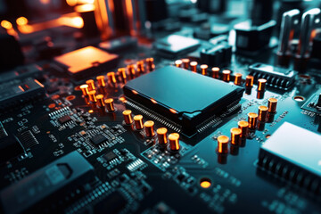 Close-up of an electronic board with a processor or chip. Development of computer technologies. Modern electronics production. - obrazy, fototapety, plakaty