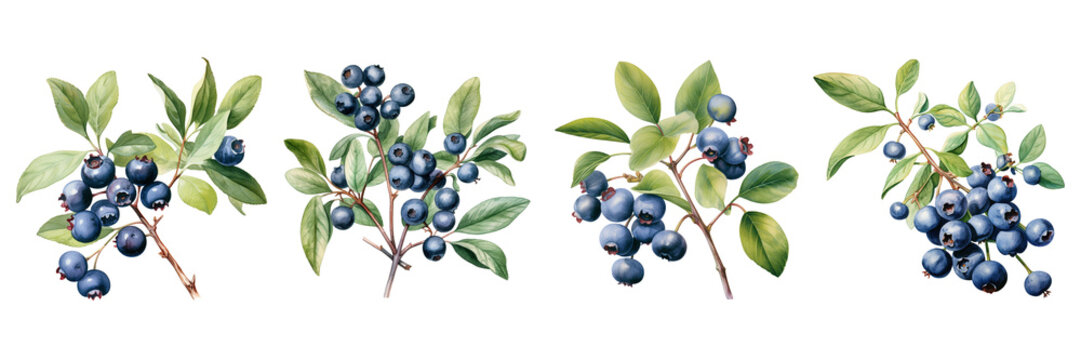 Set of watercolor blueberry painting with leaves isolated on a transparent or white background