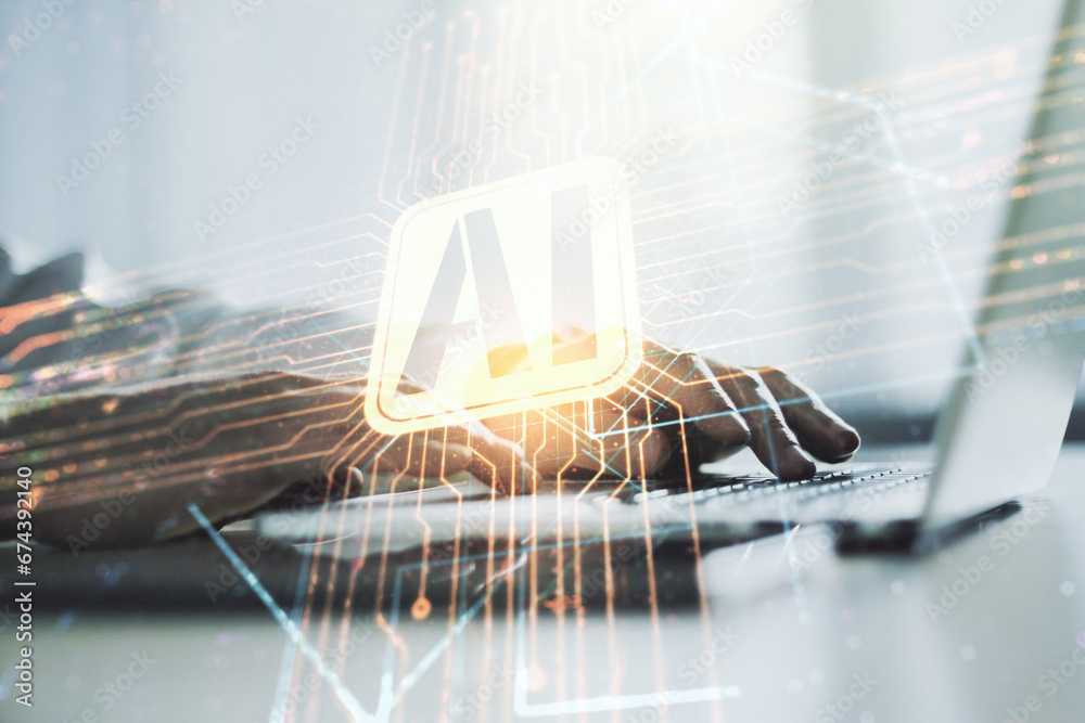 Poster Double exposure of creative artificial Intelligence icon with hands typing on laptop on background. Neural networks and machine learning concept