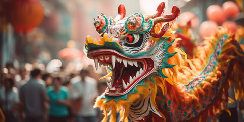 Fototapeta na wymiar chinese new year, street festival, red dragon, life-size puppet, traditions, mythical animal, theater, performance, China, show, carnival, legend, symbol, Christmas, city, scary, eyes, face, teeth