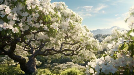 A lush lychee tree in full bloom, covered in delicate white blossoms, hinting at the promise of a bountiful harvest.
