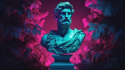 Foto op Plexiglas Antique greek bust on a neon background. Fashion wallpaper. © vivari_vector