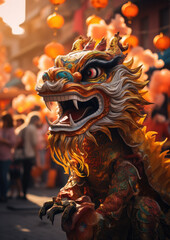 Obraz premium chinese new year, street festival, red dragon, life-size puppet, traditions, mythical animal, theater, performance, China, show, carnival, legend, symbol, Christmas, city, scary, eyes, face, teeth