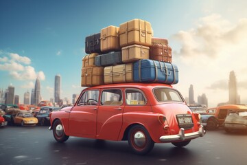 Old car with stack of luggage on roof. Adventure retro car with travelling pile baggage. Generate ai - obrazy, fototapety, plakaty