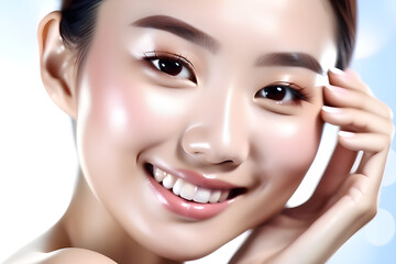 Chinese woman touch face with smooth healthy skin. Beautiful young looking asian woman happy smiling, beauty and cosmetics advertising concept. generative AI
