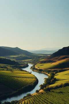Landscape picture with river, fields, valley. Travel image with rustic and misty panorama for poster, postcard, flyer