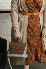 The choice of clothes, the girl's hand in choosing a dress, an outfit on a hanger in the wardrobe in the room, a closet at home. Wardrobe in the house. Clothes for women. Bags. Clothing store.