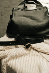 The choice of clothes, the girl's hand in choosing a dress, an outfit on a hanger in the wardrobe in the room, a closet at home. Wardrobe in the house. Clothes for women. Bags. Clothing store.