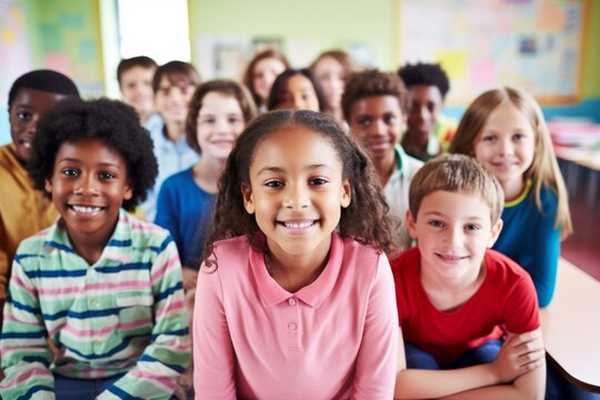 Happy diverse schoolchildren looking at camera. Smiling multiethnic kids posing for group portrait in a classroom of elementary school. Boys and girls of different skin colors go to school together.