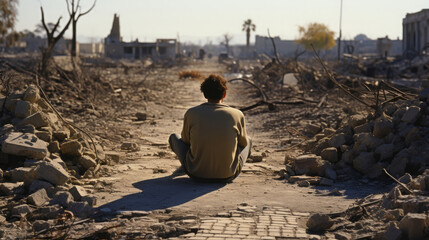 A young man sits on the ruins of an old abandoned building. Generative Ai.