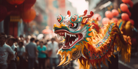 Fototapeta premium chinese new year, street festival, red dragon, life-size puppet, traditions, mythical animal, theater, performance, China, show, carnival, legend, symbol, Christmas, city, scary, eyes, face, teeth