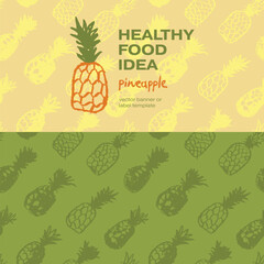 Vector seamless pattern with color hand drawn pineapple ornament. Healthy food idea banner template design. Organic ananas label template. Fruit and berries doodles for natural cosmetic design.