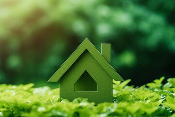 Little eco house on green nature background. Home icon on lawn. Energy saving and environmentally friendly construction concept