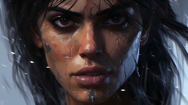A close-up of a woman with an intense gaze, her face wet and adorned with multiple scars