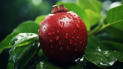 A perfectly ripe Mangosteen, glistening with dew, set against a lush green background.