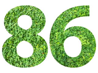 The shape of the number 86 is made of green grass isolated on transparent background. Go green concept.