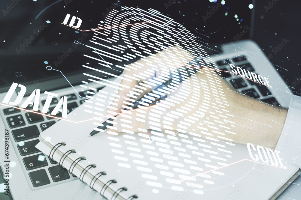 Leinwandbilder multi exposure of abstract fingerprint scan interface with hand writing in notepad on background wit