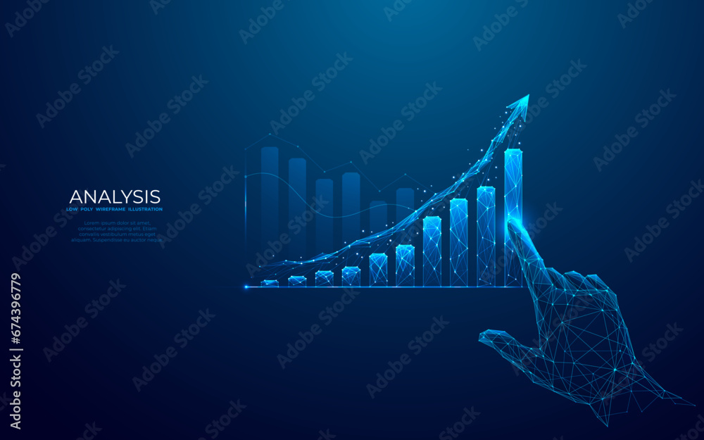 Aufkleber Growth graph chart and up arrow. Abstract finger touching on chart bar. Histogram in technology light blue hologram style. Finance and stock market concepts. Low poly wireframe vector illustration.