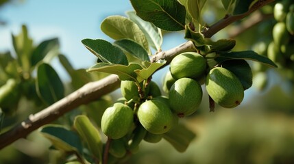 A close-up of a Feijoa tree branch, laden with plump and aromatic Feijoa fruits ready for picking.