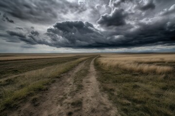 Country road with cloudy sky. Rural landscape view with grass field and dark clouds. Generate ai