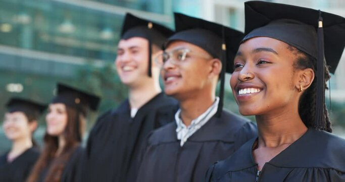Face, university or happy graduates in ceremony or gowns standing in a line outside on campus. Diversity, degree or proud students with smile for motivation, college achievement or education success